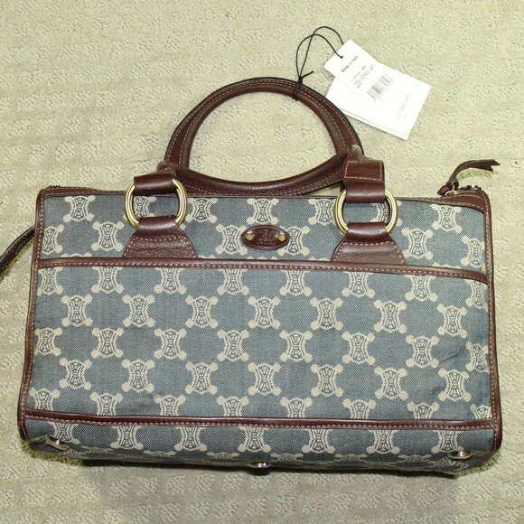 CELINE Macadam Denim Shoulder Bag Hand Bag Blue Canvas Leather - Picture 2 of 8